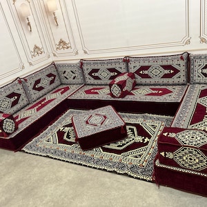 Arabic Sofa 8 inch Maroon Color U Shaped,Arabic Majlis,Arabis Sofa Floor Seating Set,Arabic Sofa Set,Arabic Sofa,Bench Cushions U Sofa+Rug + Ottoman