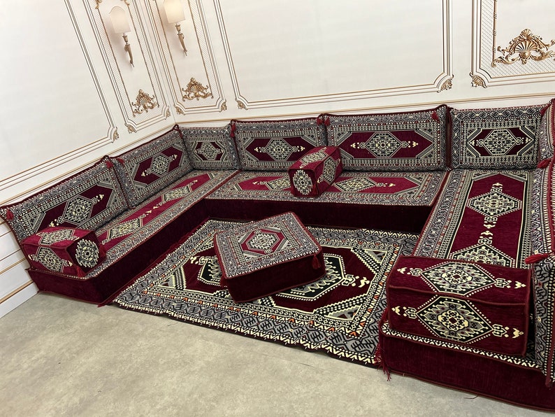 Arabic Sofa 8 inch Maroon Color U Shaped,Arabic Majlis,Arabis Sofa Floor Seating Set,Arabic Sofa Set,Arabic Sofa,Bench Cushions U Sofa+Rug + Ottoman