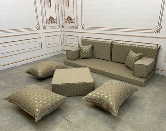 4 Zoll Dicke Luxus Hijaz Modell Grau Farbe Gold Muster Authentische Arabische Wohnzimmer Sofa Set, Boden Sitzset, Schnittsofa,Boden Couch