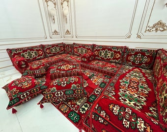 Canapé en pin rouge en forme de U épais de 4'', Majlis arabe, canapé sectionnel, décoration de la maison de salon, canapé Majlis arabe, anatolien, tapis de canapé ottoman, en forme de U