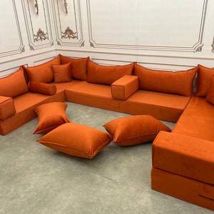 Amber Velvet U-Shaped Floor Sofa Set: Handmade Modern Boho Living Room
