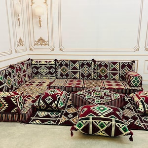 Arabic Floor Seating L Shaped Floor Seating Sofa Set,Living Room Sofa,Arabic Majlis,Corner Sofa,Ethnic Patterns Floor Seating Set,4&quot; Thick