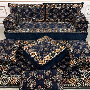 Luxurious Moroccan-Inspired Arabic Sofa Floor Seating Set with Decorative Cushions, Arabic Sofa Set, Floor Cushion Seating - 8&#39;&#39; THICKNESS