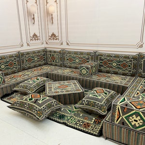 Canapé en forme de U, gris anatolien, canapé arabe de 20 cm 8 po., décoration de salon traditionnelle, canapé coussin de sol, canapé de sol arabe U Sofa Full Set