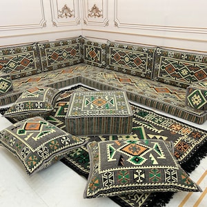 4&quot; Thick Anatolian Grey L Shaped Arabic Sofa Floor Seating Couch,Traditional Living Room Decor,Floor Cushion Couch,Sofa Couch,Corner Sofa