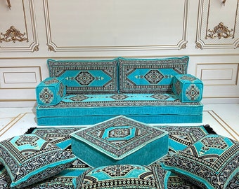 Conjunto de sofás árabes turquesas de 8" de espesor, Majlis árabe, sofá seccional, decoración del hogar de la sala de estar, sofá Majlis árabe, Anatolia, alfombra de sofá otomano