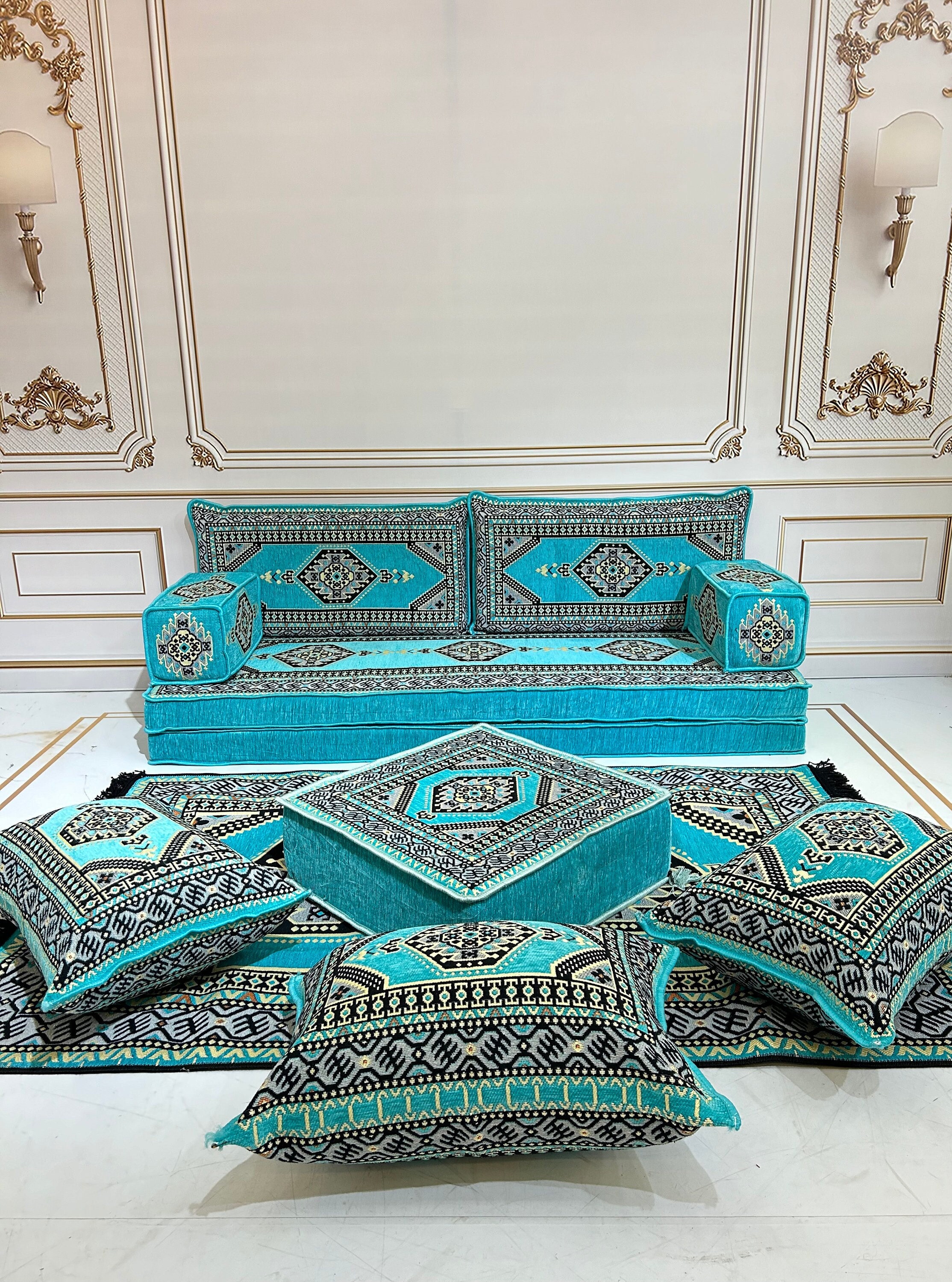 Turquoise Arabic Majlis Sofa Set: Floor Seating, Ottoman & Rug - Etsy