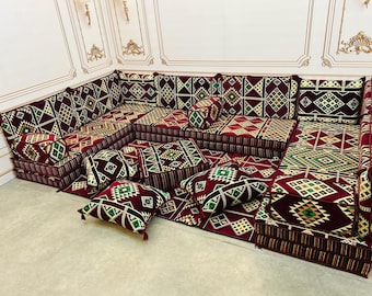 Burgundy Arabic Majlis Sofa Set: Floor Seating, Bench Cushions