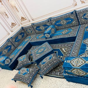Arabisch Sofa 8 Zoll Magic Blue Farbe U-förmig, arabische Majlis, arabische Sofa Boden Sitzset, arabische Sofa Set, arabisches Sofa, Bankkissen