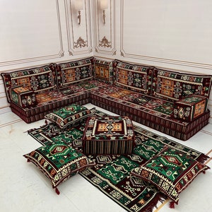 Authentic Anatolian L Shaped Arabic Sofa Floor Seating Couch,Traditional Living Room Decor,Floor Cushion Couch,Sofa Couch-8&quot; THICK