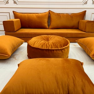 8'' Thick Unique Mustard Color Luxury Velvet Floor Seating Cushion Couch,Velvet Floor Cushion,Velvet Floor Sofa,Velvet Floor Couch 8'' Thick Full Set