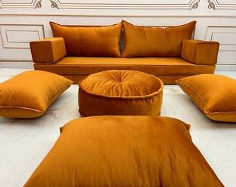 8'' Thick Unique Mustard Color Luxury Velvet Floor Seating Cushion Couch,Velvet Floor Cushion,Velvet Floor Sofa,Velvet Floor Couch