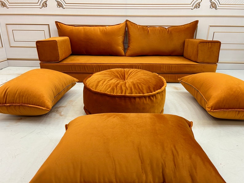 8'' Thick Unique Mustard Color Luxury Velvet Floor Seating Cushion Couch,Velvet Floor Cushion,Velvet Floor Sofa,Velvet Floor Couch 8'' Thick Full Set