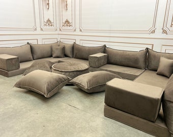 4 "Dickes U-förmiges Luxus-Mokka-Samt-Bankkissen, Boho-Design Couch, Majlis-Sofa im arabischen Stil, modernes Wohnzimmer-Sofa, Samtsofa