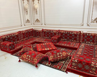 4''Thick U Shaped Red Sofa Anatolian Motifs,Arabic Majlis,Sectional Sofa,Living Room Home Decor,Arabic Majlis Sofa,Anatolian,Ottoman Couch