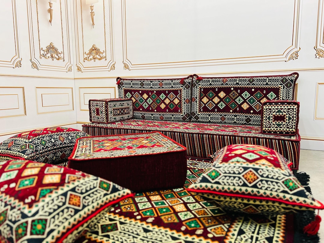 Majilis Rug Burgundy Arabic Majlis Sofa Set: Floor Seating, Ottoman & Rug - Etsy
