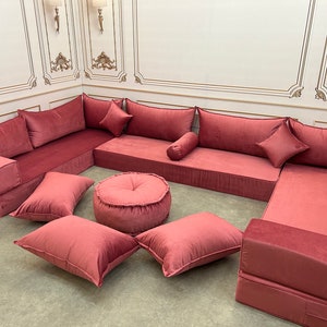 Handmade Stylish Modern Living Room Unique Rose Color, Boho Floor Sofa, U Shaped Arabic Sofa Set, Custom Made Sofa,Velvet Floor Sofa