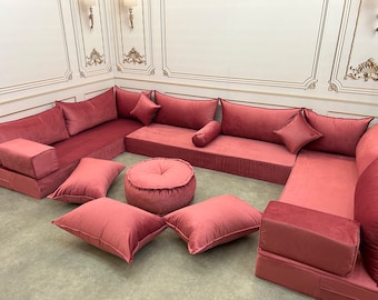 Handmade Stylish Modern Living Room Unique Rose Color, Boho Floor Sofa, U Shaped Arabic Sofa Set, Custom Made Sofa,Velvet Floor Sofa