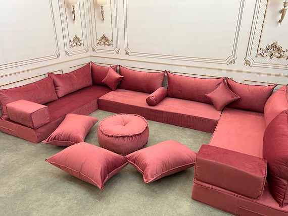 Handmade Stylish Modern Living Room Unique Rose Color Boho Floor Sofa U Shaped Arabic Sofa Set Custom Made Sofa velvet Floor Sofa Etsy