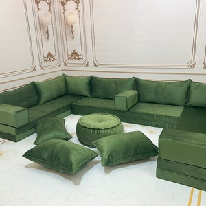 Green Velvet U-Shaped Sofa Set: Arabic Majlis Style, Modern Living Room Couch