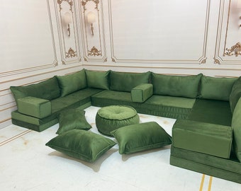 U Shaped Sofa Set Luxury Green Soft Velvet 8" Thick ,Boho Design Couch,Arabic Style Majlis Sofa,Modern Livingroom Sofa,Velvet Sofa