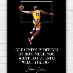 Póster de LeBron James para imprimir en la pared: arte de pared icónico de los Lakers, decoración de la habitación de baloncesto de la NBA, cita motivadora para fanáticos de los deportes