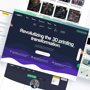 May include: Multiple website pages showcasing 3D printing models. The main page features the text "Revolutizing the 3D printing transformation." Other pages display 3D models and website navigation elements. The color scheme includes dark blue, white, and green.