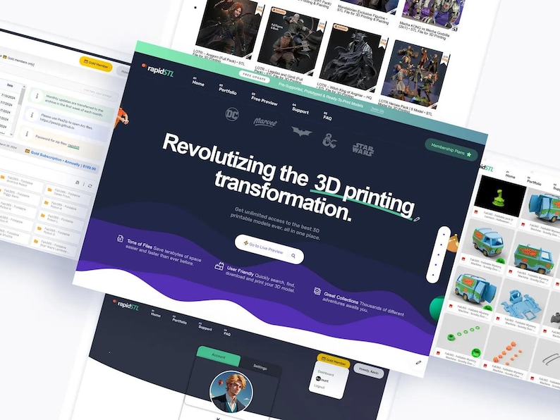 May include: Multiple website pages showcasing 3D printing models. The main page features the text "Revolutizing the 3D printing transformation." Other pages display 3D models and website navigation elements. The color scheme includes dark blue, white, and green.
