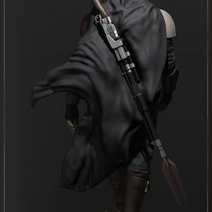 May include: A black and silver Mandalorian action figure with a cape and a weapon. The figure is standing on a brown base. The text "THE MANDALORIAN" and "rapidSTL Exclusive" is visible in the image.