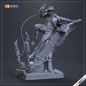 May include: A gray figurine of a man in a fedora and leather jacket, swinging a whip. The figure is perched on a stone structure with torches and rope details. The base has the text "Indiana Jones". The image also includes the text "HIGH-QUALITY PRE-SUPPORTS".