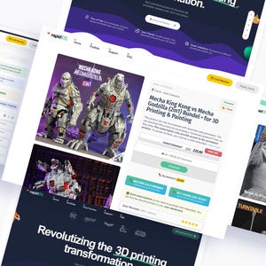 May include: Screenshots of a website showcasing 3D printing models. One image displays a model of Mecha King Kong vs. Mecha Godzilla. The website's theme is dark blue and white, with the text "Revolutizing the 3D printing transformation."