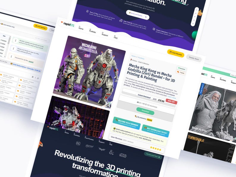 May include: Screenshots of a website showcasing 3D printing models. One image displays a model of Mecha King Kong vs. Mecha Godzilla. The website's theme is dark blue and white, with the text "Revolutizing the 3D printing transformation."