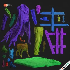 May include: A collection of 3D-printed objects in various colors, including a purple coat, green pants, a blue hat, and a yellow dog figurine. Other items include a green base, a purple face, and a blue fence.
