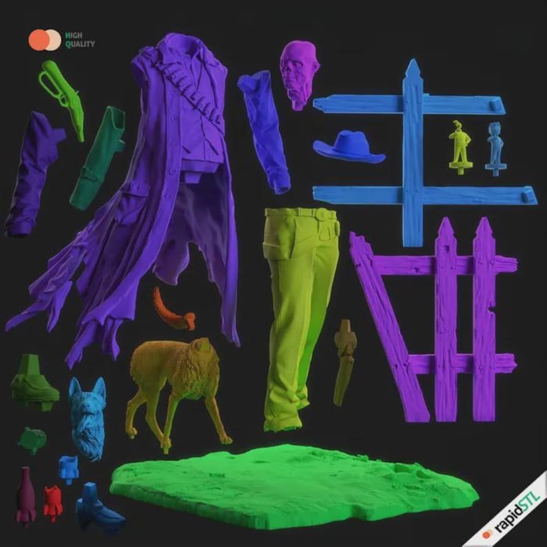 May include: A collection of 3D-printed objects in various colors, including a purple coat, green pants, a blue hat, and a yellow dog figurine. Other items include a green base, a purple face, and a blue fence.