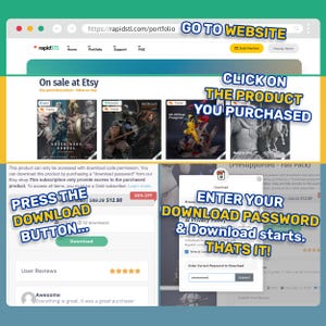 May include: A computer screen displaying a website with a green background. The website is for a 3D printing company called rapidSTL. The website is advertising a sale on 3D printable models. The models are of a green goblin, a viking, and a wolverine. The website also has a button that says "Press the Download Button..." and a section for user reviews. The website also has a pop-up window that says "Enter your download password & download starts. That's it!"