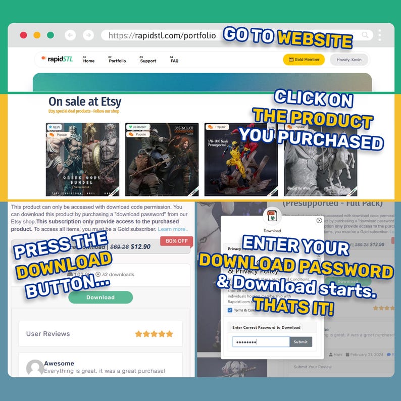 May include: A computer screen displaying a website with a green background. The website is for a 3D printing company called rapidSTL. The website is advertising a sale on 3D printable models. The models are of a green goblin, a viking, and a wolverine. The website also has a button that says "Press the Download Button..." and a section for user reviews. The website also has a pop-up window that says "Enter your download password & download starts. That's it!"