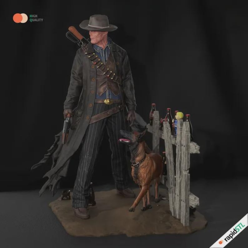 May include: A detailed 3D model of a cowboy figure with a dog. The cowboy wears a hat, long coat, and striped pants, holding a gun. A dog stands beside a wooden fence with bottles. The model is set on a brown base.