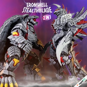May include: Two detailed robot figures, one resembling a turtle and the other a dragon, face each other. The figures are primarily grey with red and yellow accents. The text "IRONSHELL vs STEALTHBLADE 2IN1" is displayed above the figures.
