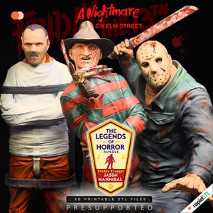 Könnte beinhalten: Digitales Bild mit Freddy Krueger, Jason Voorhees und Hannibal Lecter. Der Text "A Nightmare on Elm Street" und "The Legends of Horror Bundle" ist enthalten. Für 3D-Druck-STL-Dateien.