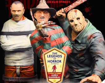 May include: A digital art image featuring three horror movie characters: Freddy Krueger, Jason Voorhees, and Hannibal Lecter. The image includes the text "A Nightmare on Elm Street" and "The Legends of Horror Bundle."