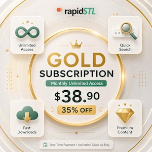 May include: A promotional graphic for a Gold Subscription from rapidSTL. The design features a gold and white color scheme with icons representing unlimited access, quick search, fast downloads, and premium content. The price is $38.90 with a 35% discount.