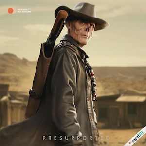 May include: A digital rendering of a figure in a cowboy hat and long coat, with a rifle in a holster. The figure has a weathered appearance, with the text "PRESUPPORTED" at the bottom. The background is a desert landscape.