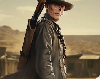 May include: A digital rendering of a figure in a cowboy hat and long coat, with a rifle in a holster. The figure has a weathered appearance, with the text "PRESUPPORTED" at the bottom. The background is a desert landscape.