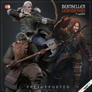 May include: A 3D printed model set of three fantasy characters, including a dwarf with an axe, an elf with a bow and arrow, and a human with a sword. The set is pre-supported and is part of a "Bestseller Legends Pack" from rapidSTL.