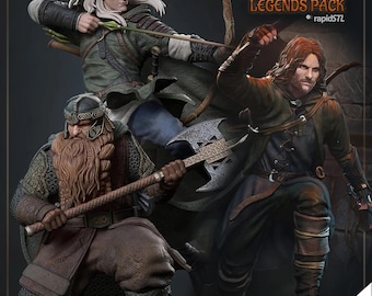 May include: A 3D printed model set of three fantasy characters, including a dwarf with an axe, an elf with a bow and arrow, and a human with a sword. The set is pre-supported and is part of a "Bestseller Legends Pack" from rapidSTL.