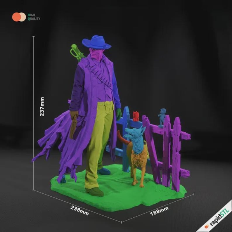 May include: A colorful 3D-printed figurine of a cowboy with a dog and a fence. The cowboy wears a blue hat, purple coat, and yellow pants. The dog is tan and blue, and the fence is purple and blue. The base is green, and the dimensions are 237mm x 238mm x 188mm.
