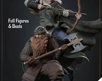 May include: A 3D printed model of a fantasy character, a dwarf warrior with a beard and axe, and an elf archer with a bow and arrow. The dwarf is wearing a brown tunic and chainmail armor, while the elf is wearing a green tunic and leather armor. The model is painted in realistic colors and details.