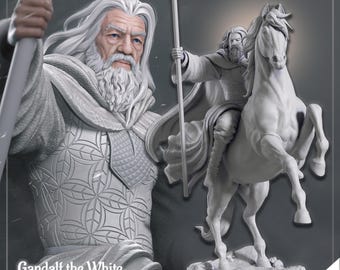 May include: A white 3D printed model of Gandalf the White from The Lord of the Rings, riding a white horse. The model is pre-supported and ready to be printed.