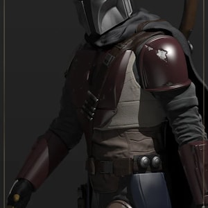 May include: A 3D printed model of The Mandalorian from the Star Wars series. The model is wearing a silver helmet and a dark brown and red suit. The model is holding a weapon in its right hand.
