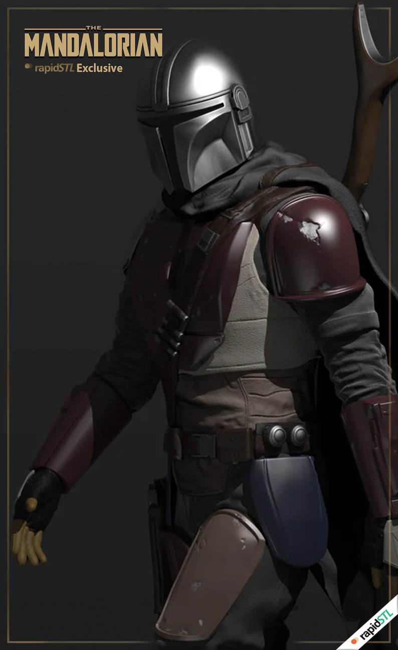 May include: A 3D printed model of The Mandalorian from the Star Wars series. The model is wearing a silver helmet and a dark brown and red suit. The model is holding a weapon in its right hand.